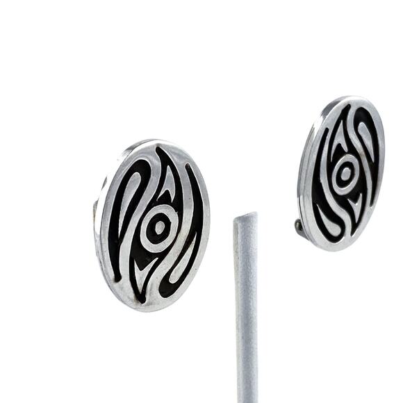 Vintage Mexico Sterling Silver 925 Swirl Oxidized Oval Clip On Earrings - Picture 5 of 11